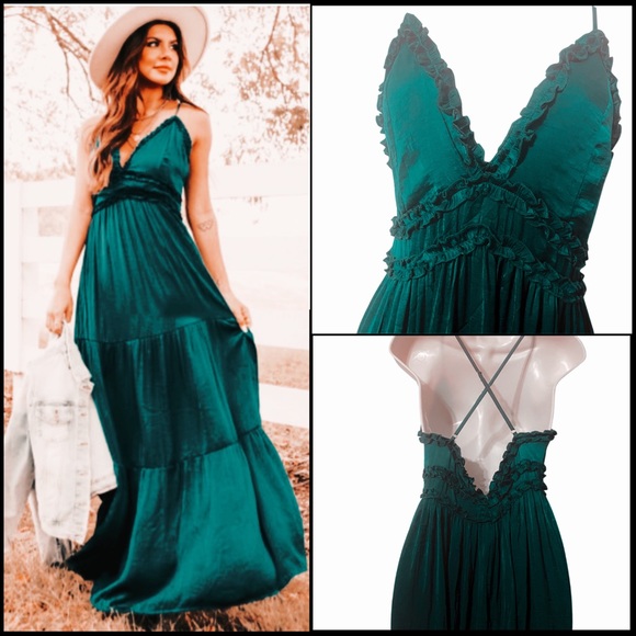EMERALD GREEN CROSS BACK FRILLED TIERED MAXI DRESS Sz Small - Picture 2 of 10